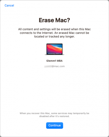 Дијалог који приказује упит за брисање Мац-а у апликацији Финд Ми.