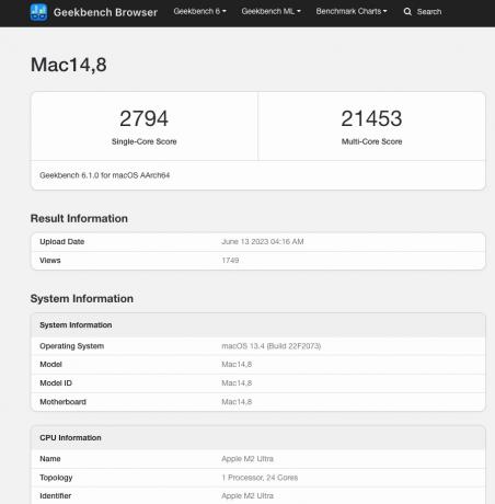 Mac Pro 2023 (M2 Ultra) Geekbench 6 punteggi