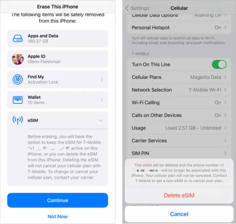 Вы можете использовать путь для стирания настроек (слева), чтобы удалить eSIM в рамках процесса, или использовать General Cellular (справа), чтобы удалить eSIM перед стиранием или перезагрузкой устройства.