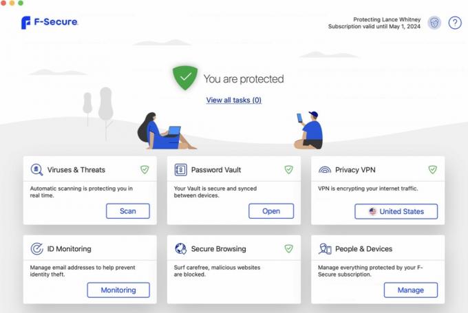 Het hoofdscherm van F-Secure Total toont alle belangrijke functies, waaronder virusscans, wachtwoordkluis en veilig browsen