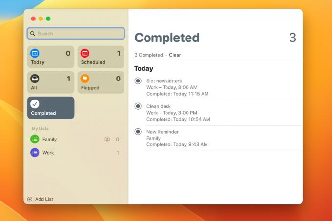 In macOS Ventura heeft Herinneringen een nieuwe sectie Voltooid.